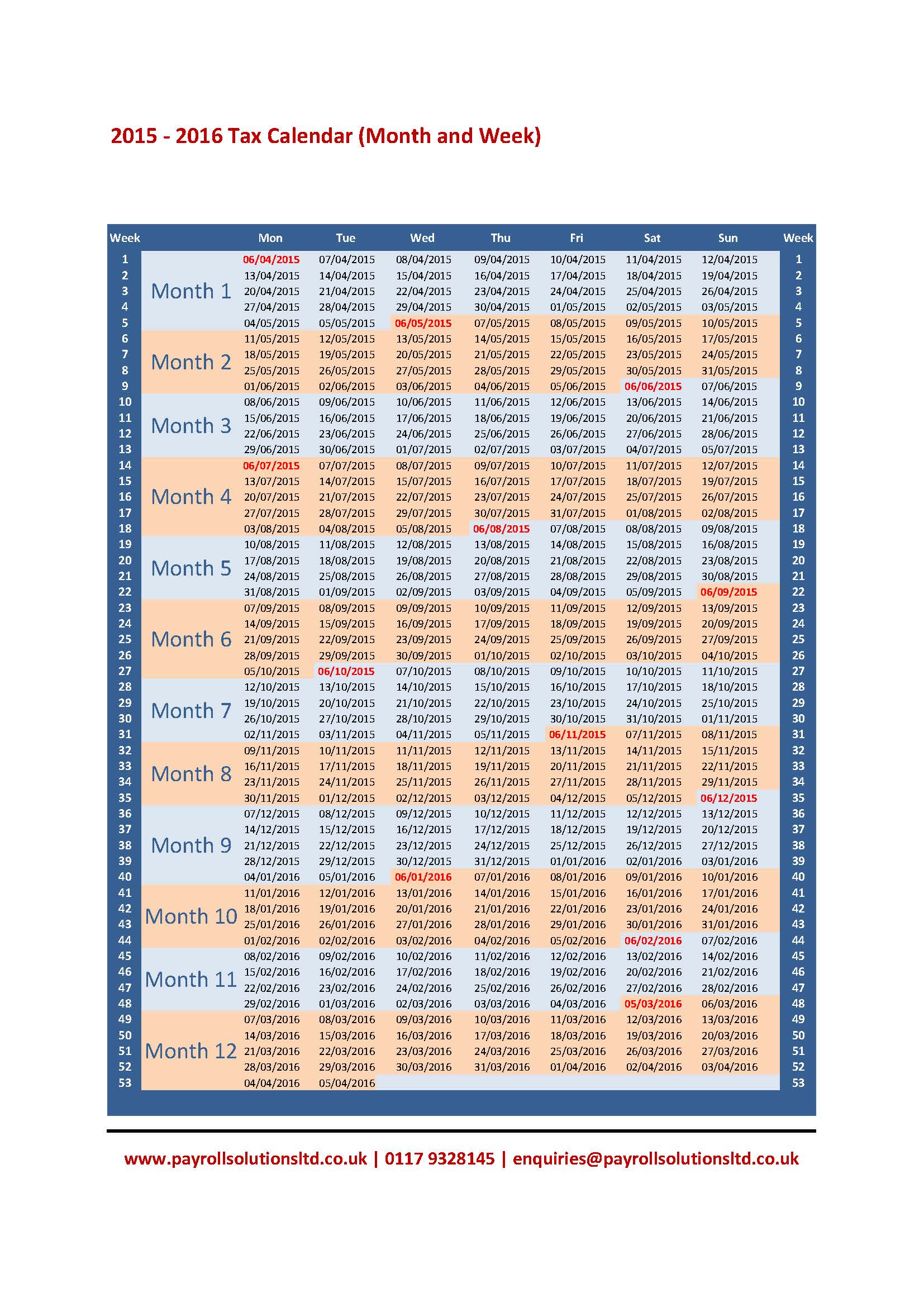 Tax Week and Month calendar 2015-2016